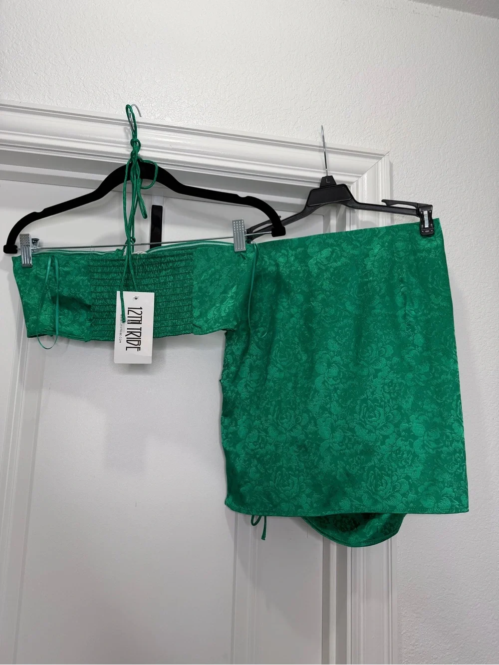 12th Tribe‎ St. Barths Emerald Jacquard Crop Top and mini skirt set Sz Small